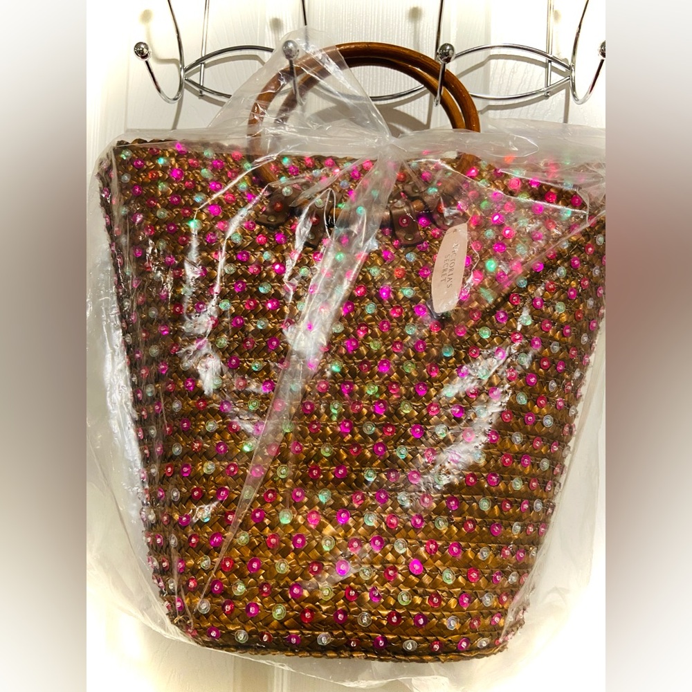 Victoria's Secret Brown Woven Tote with Pink and Teal Studs